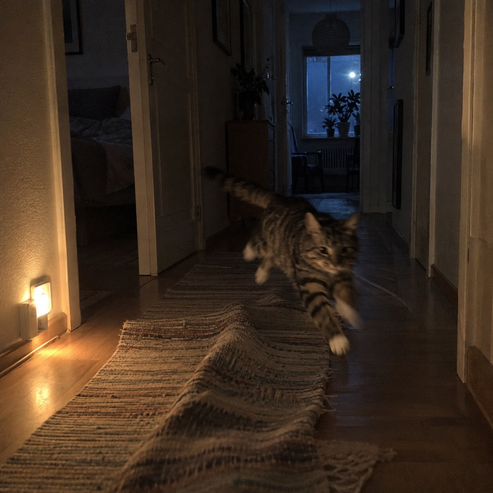Katt mitt i ett språng i en mörk hall