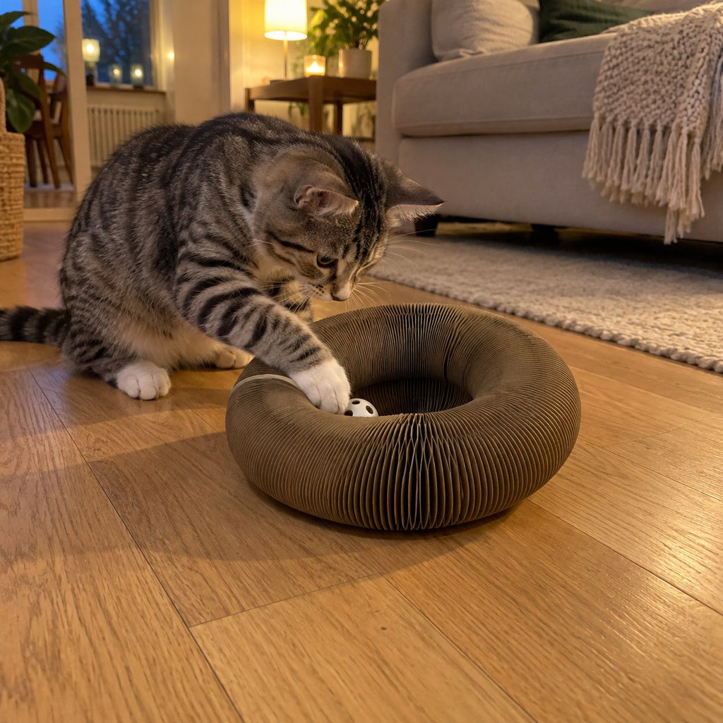 Tabbykatt slår till bollen i Jaktkartongens bana