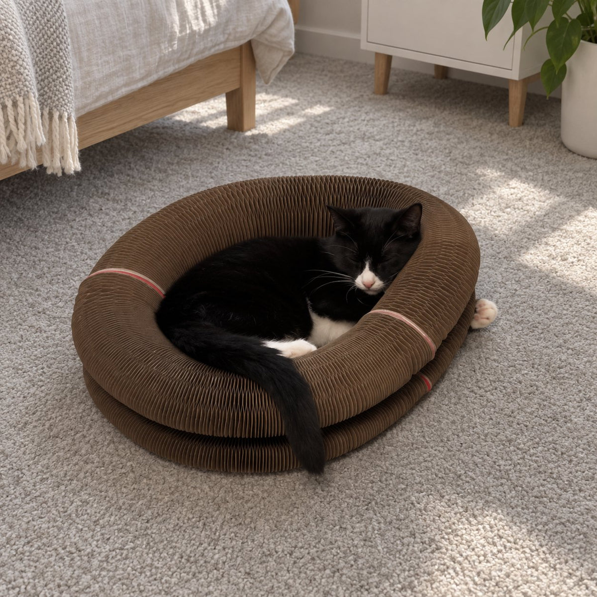 Svartvit katt sover ihoprullad i Jaktkartongen
