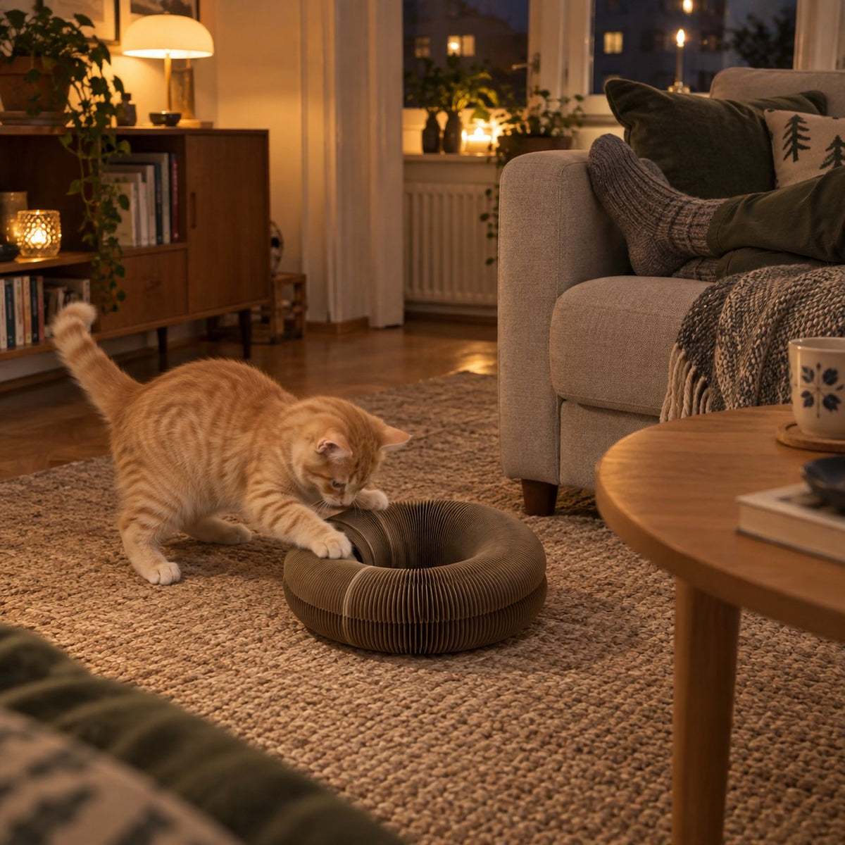 Katt jagar Jaktkartongen på vardagsrumsgolvet på kvällen